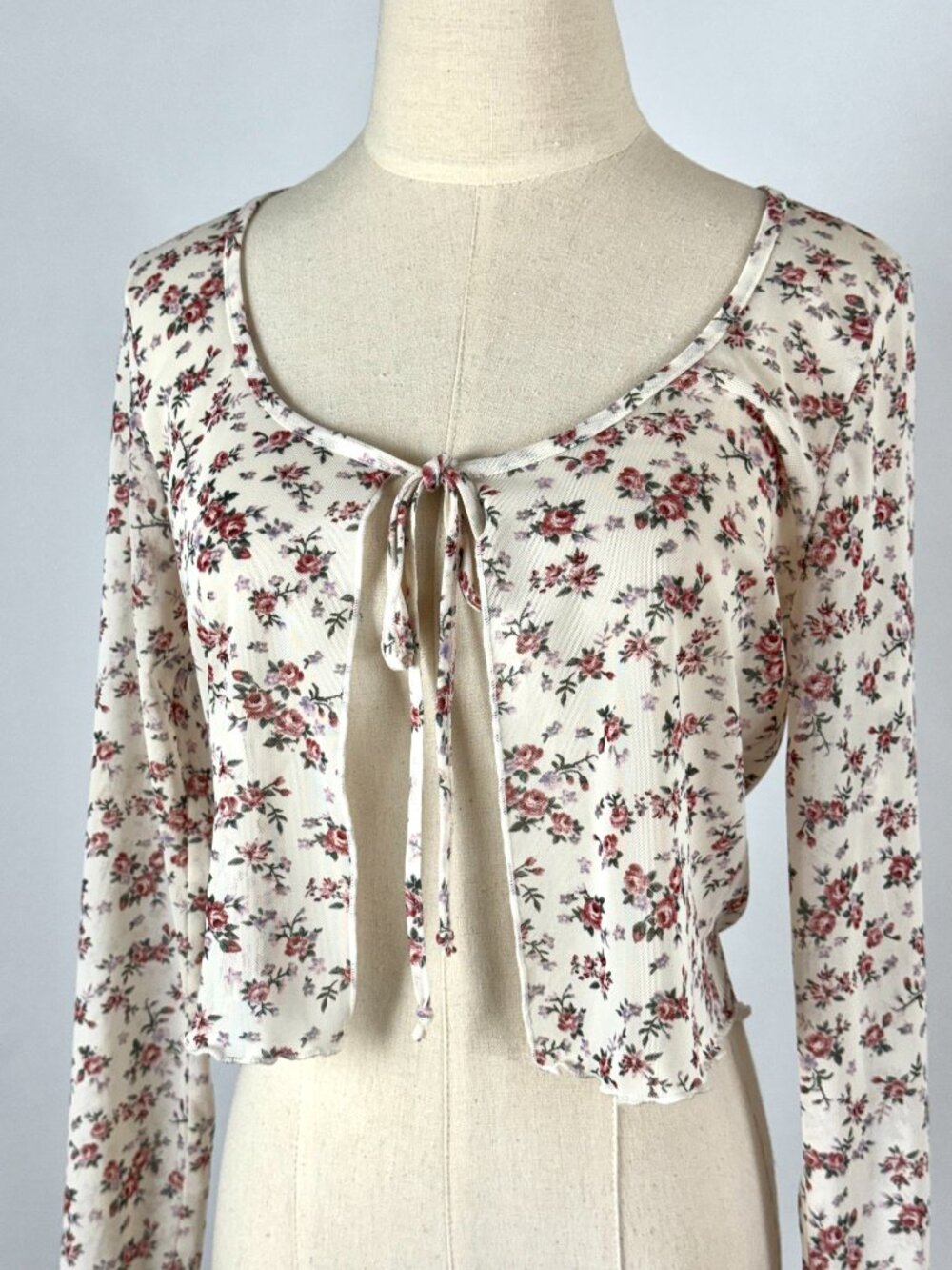 Y2K Floral Mesh Crop Cardigan Top Tie Front Sheer Lettuce Hem Coquette Dainty - Picture 3 of 9